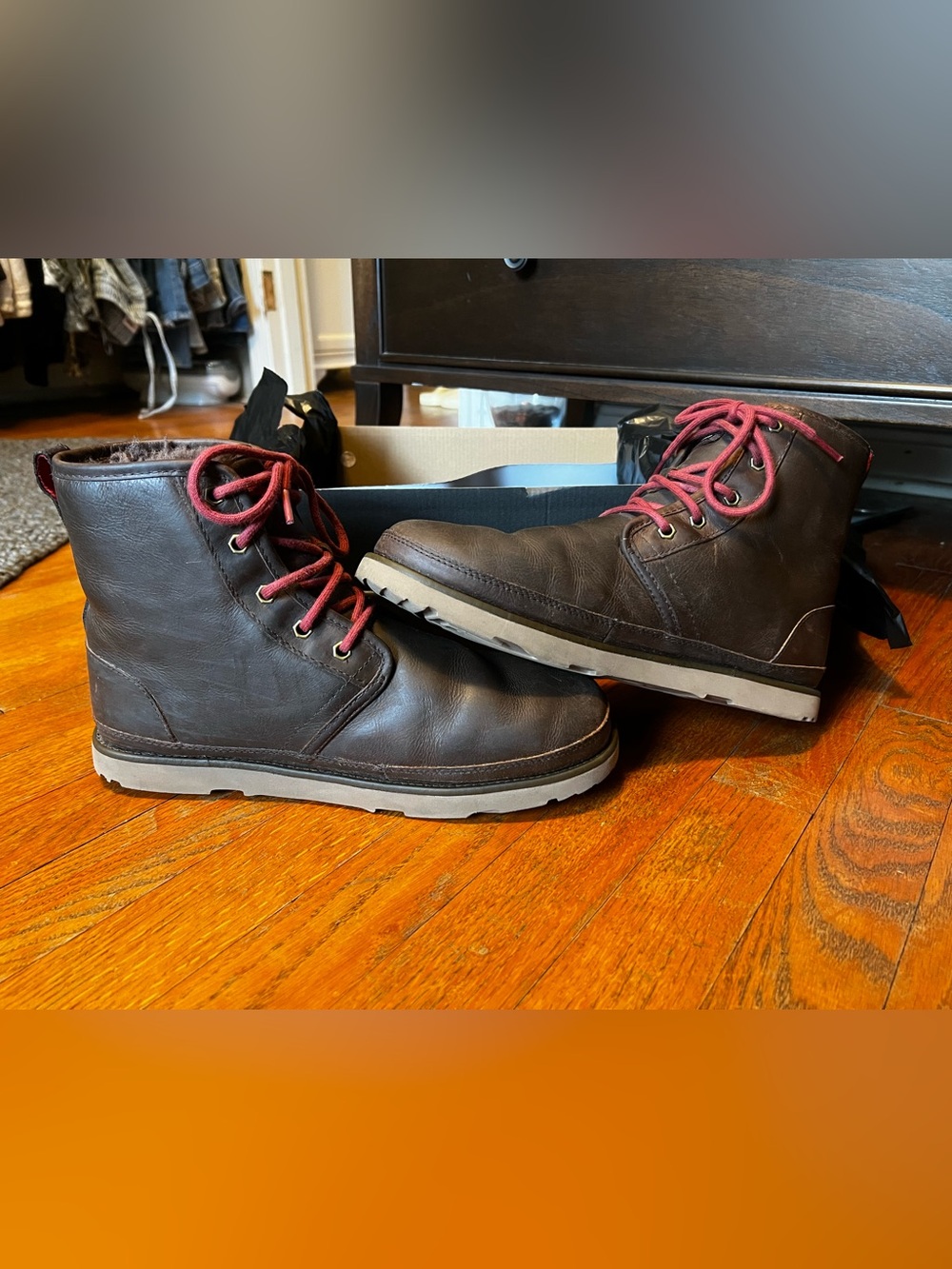 UGG Men's Brown Leather Chukka Boots with Red Laces (w/ additional brown laces)